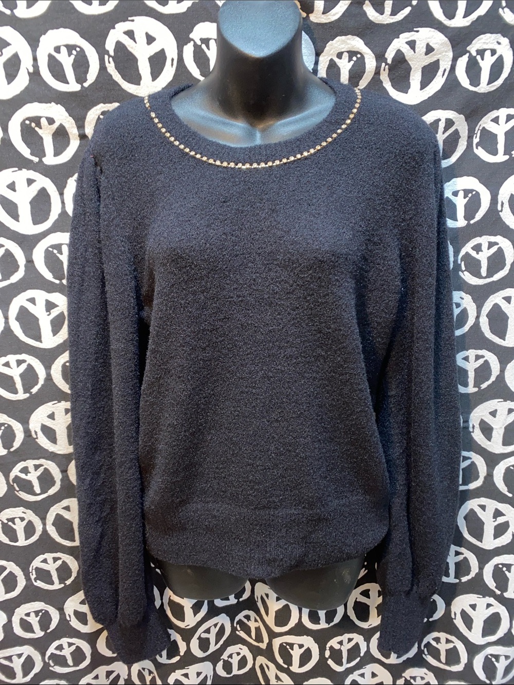 Draper James Black Crewneck Sweater with Rhinestone Neck Embellishment SZ L